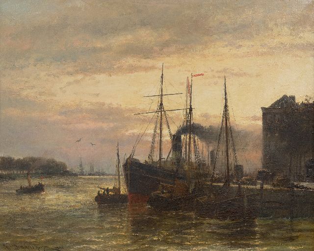 Christiaan Dommelshuizen | Cargo ship at the quay in Rotterdam, oil on canvas, 52.5 x 65.5 cm, signed l.l. and dated 1892