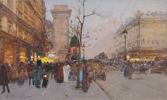 Eugène Galien-Laloue | At the Porte Saint-Denis, Paris, pen and gouache on paper, 31.0 x 32.7 cm, signed l.l.