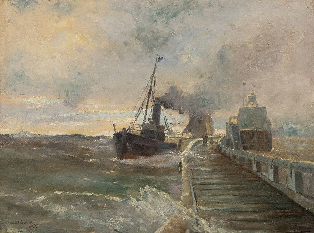 Günther E.C.W.  | Steamboat on a jetty in rough weather, oil on canvas 60.5 x 80.4 cm, signed l.l.