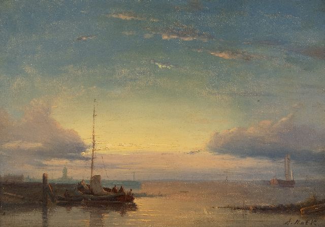 Hulk A.  | Ships on calm seas at sunset, oil on panel 16.0 x 23.3 cm, signed l.r.