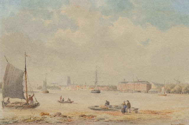 Bart van Hove | Shipping on the river near a city, watercolour on paper, 24.0 x 35.0 cm, signed l.r.