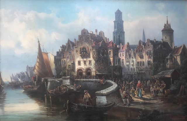 Howe L. van | Activity in a city harbor, oil on canvas 98.0 x 143.0 cm, signed l.r.
