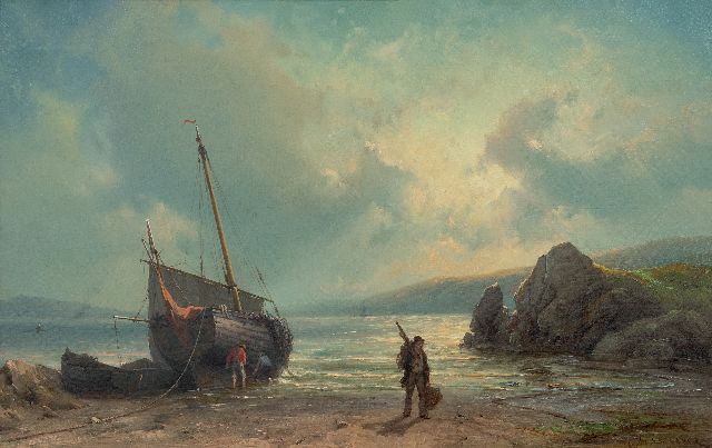 Jan H.B. Koekkoek | Fisherman's work on the beach, oil on canvas, 42.0 x 67.5 cm, signed l.r.