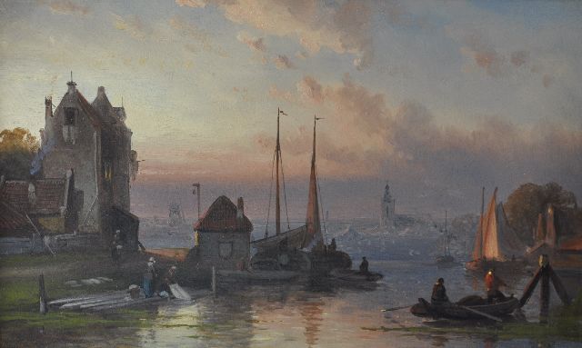 Charles Leickert | Activity on a river at sunset, oil on panel, 16.3 x 26.3 cm, signed l.l.