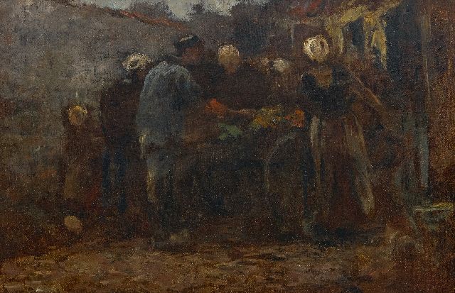 Jacob Maris | Selling fish in a backstreet, Scheveningen, oil on canvas, 46.6 x 70.0 cm