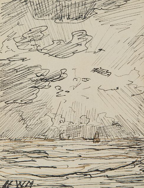 Mesdag H.W.  | Bomb barge on the high seas at sunset, pen and Indian ink on paper 12.0 x 9.5 cm, signed l.l. with initials