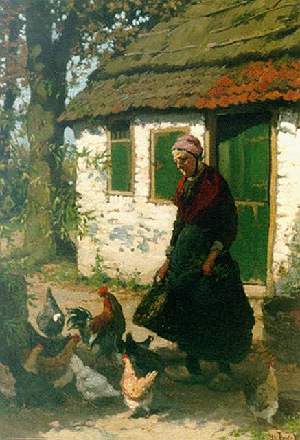 Hendrikus Matheus Horrix | Feeding the chickens, oil on canvas, 54.7 x 38.7 cm, signed l.r.