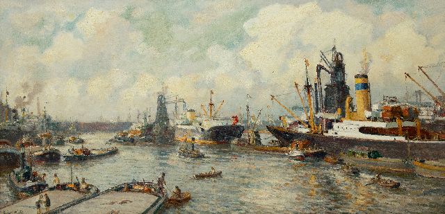 Evert Moll | A view of the Maashaven, Rotterdam, oil on canvas, 81.0 x 164.5 cm, signed l.l.