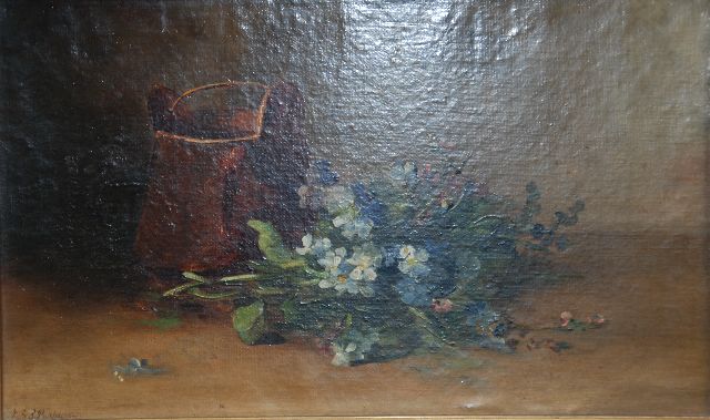 Gerardine van de Sande Bakhuyzen | Flower still life with lilacs and copper bucket, oil on canvas, 24.3 x 40.0 cm, signed l.l.