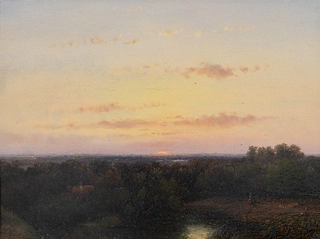 Andreas Schelfhout | Panoramic landscape at sunset, oil on panel, 21.8 x 29.1 cm, signed l.l. and dated '51