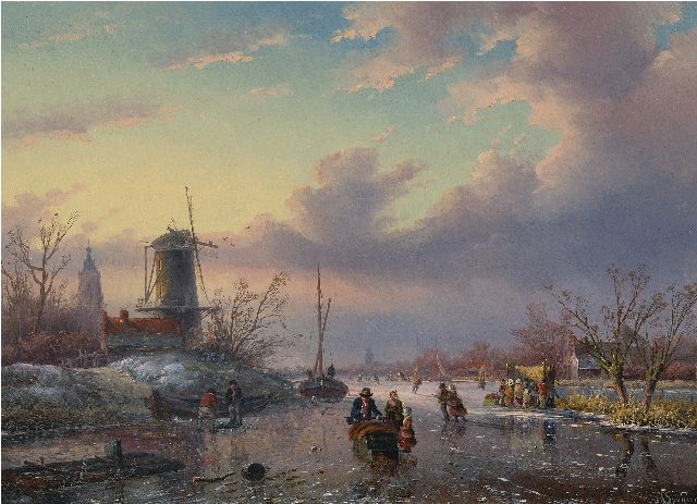 Jan Jacob Spohler | Skaters and 'koek-en-zopie' on a frozen river, oil on panel, 43.0 x 59.0 cm, signed l.r.