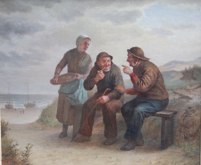 Verveer (omgeving van) E.L.  | A chat on the beach, oil on canvas 72.4 x 84.9 cm, signed l.r. [?]