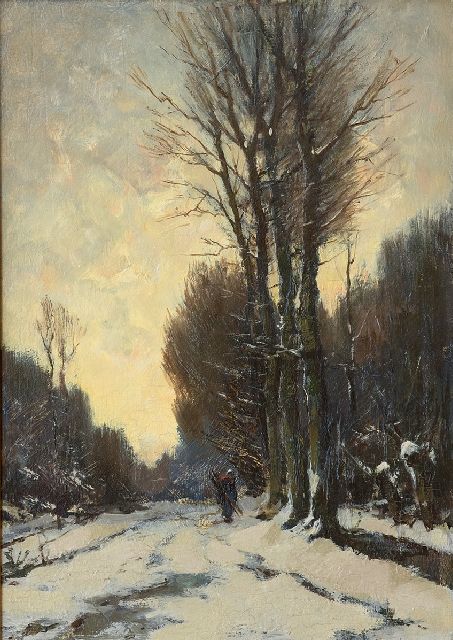 Mondriaan F.H.  | A figure on a snow-covered path, oil on panel 37.7 x 26.3 cm, signed l.r.