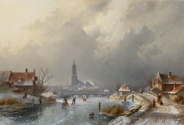 Charles Leickert | Winter landscape with skaters and a koek-en-zopie, oil on canvas, 45.0 x 65.7 cm, signed l.l.