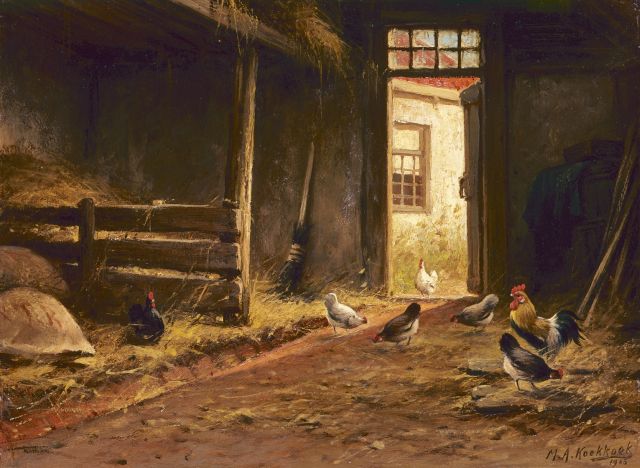 Marinus Adrianus Koekkoek II | Poultry in a stable, oil on panel, 24.1 x 32.5 cm, signed l.r. and dated 1905