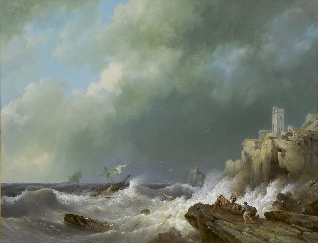 Koekkoek H.  | Shipwreck near a rocky coast, oil on panel 42.5 x 55.5 cm, signed l.r. and dated 1834