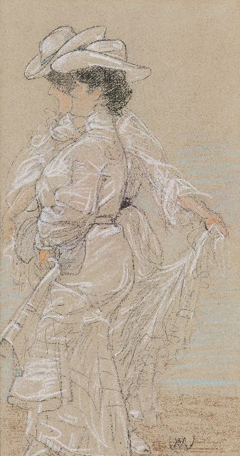 Willem Vaarzon Morel | Two ladies at the beach, pencil and pastel on paper, 31.6 x 17.8 cm, signed l.r. with monogram