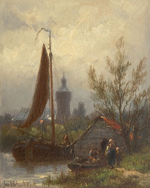Jan H.B. Koekkoek | A canal with barges and figures, oil on panel, 11.4 x 9.3 cm, signed l.l.