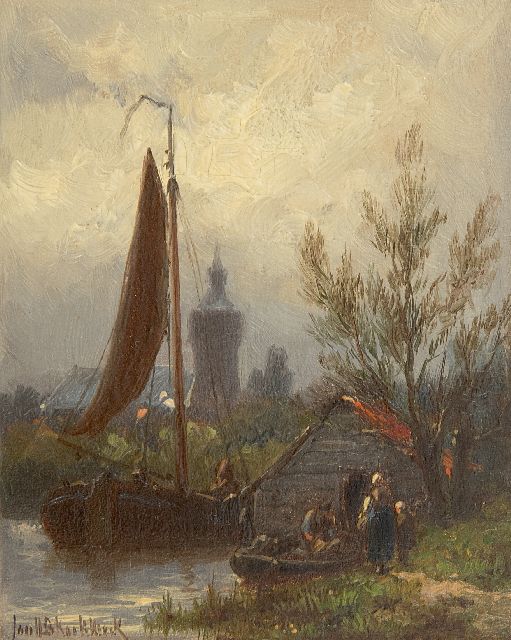 Koekkoek J.H.B.  | A canal with barges and figures, oil on panel 11.4 x 9.3 cm, signed l.l.