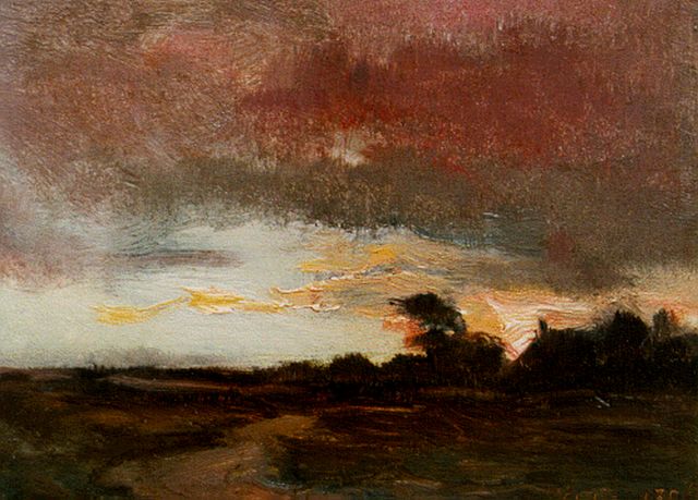 Roessingh L.A.  | A landscape by sunset, oil on panel 12.0 x 16.0 cm, signed l.r. with initials and dated 1896