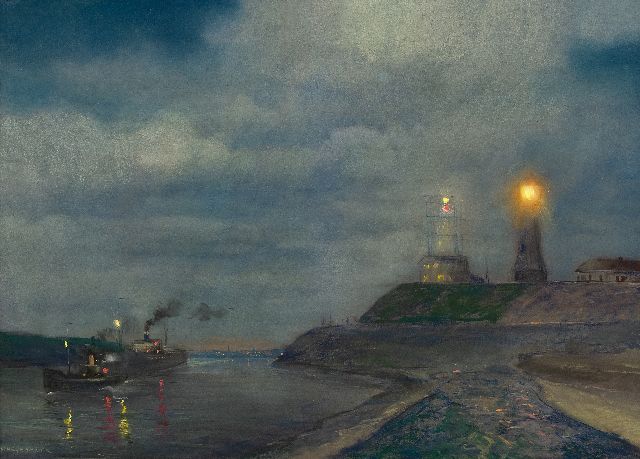 Heijenbrock J.C.H.  | Harbour of IJmuiden at dusk with the lighthouse and semaphore, pastel on paper 64.5 x 86.5 cm, signed l.l.