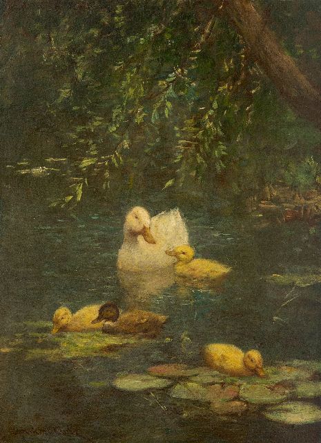 Constant Artz | Duck and ducklings in a forest pond, oil on panel, 23.8 x 17.8 cm, signed l.l.