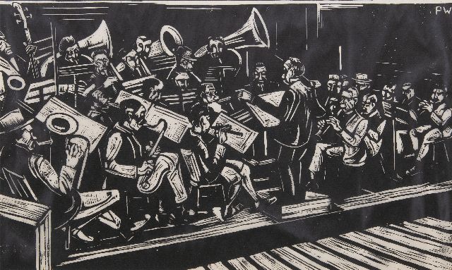 Piet Wiegman | The Royal harmony of Thorn, woodcut, 33.0 x 53.5 cm, signed u.r. with initials in the bloc and executed ca. 1925