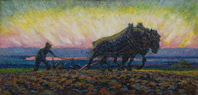 Herman Gouwe | Plowing horses at sunrise, oil on canvas, 47.9 x 98.9 cm