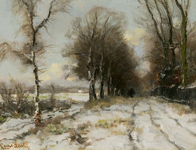 Louis Apol | Wood gatherer on a snowy path, oil on panel, 21.8 x 28.1 cm, signed l.l.