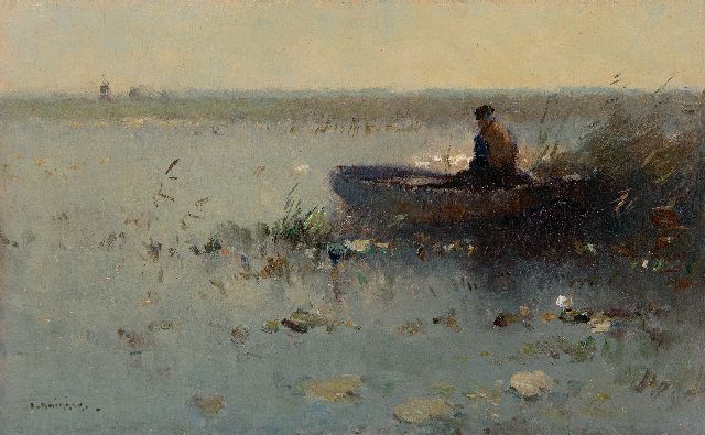 Knikker A.  | Fisherman in a boat in the reeds, oil on panel 22.0 x 35.0 cm, signed l.l. and without frame