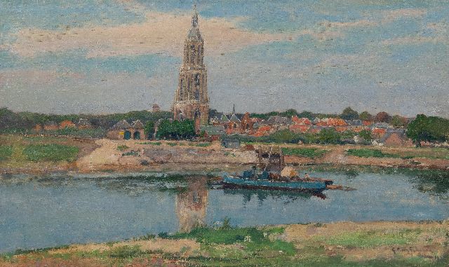 Schagen G.F. van | A vieuw of Rhenen and the Cunerakerk, the ferry in the foreground, oil on canvas 38.4 x 64.8 cm, signed l.r. and dated 1929