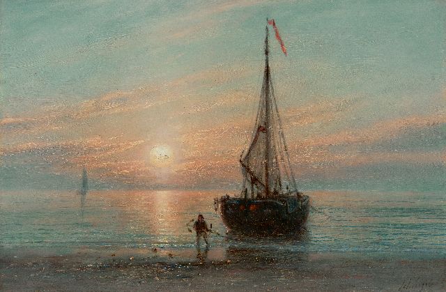 Petrus Paulus Schiedges | Returned fishing boat at sunset, oil on panel, 18.7 x 27.9 cm, signed l.r. and dated '65