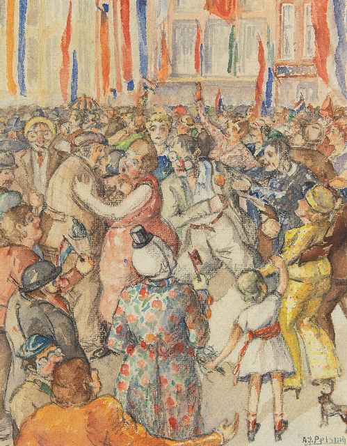 Anne Jan Pelsma | Street party, crayon and watercolour on paper, 29.5 x 23.5 cm, signed l.r.