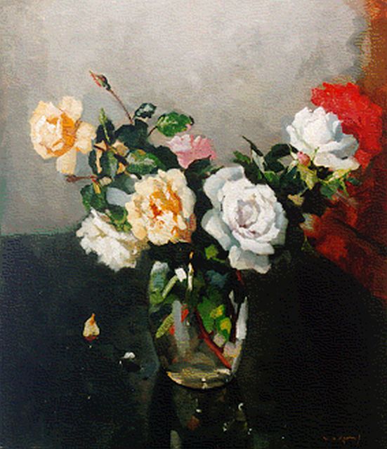 Piet Groen | Roses in a glass vase, oil on canvas, 70.3 x 60.3 cm, signed l.r.