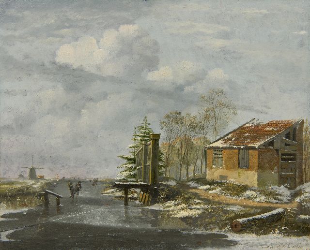 Hendrik Gerrit ten Cate | Skaters in a snowy winterlandscape, oil on panel, 25.8 x 31.9 cm, signed l.r.