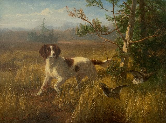 Conradijn Cunaeus | Dutch Partridge dog on partridge hunt, oil on panel, 25.7 x 33.3 cm, signed l.l. and dated '65