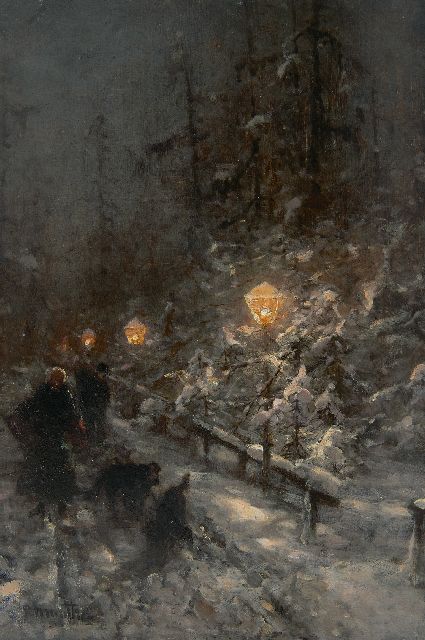 Munthe L.  | Snowy road with figures by lamplight, oil on panel 40.9 x 27.7 cm, signed l.l.