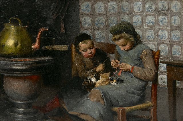 Claus E.  | Girls by the stove, oil on canvas 23.1 x 34.2 cm, signed l.r.