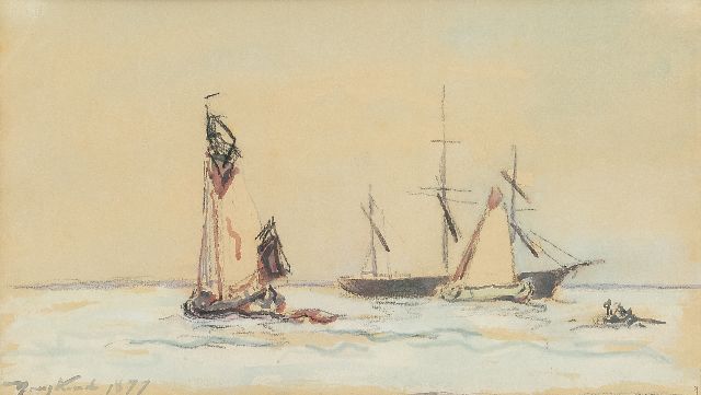 Johan Barthold Jongkind | Sailing ships on a river, crayon and watercolour on paper, 15.0 x 26.0 cm, signed l.l. and dated 1877