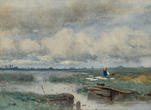 Willem Roelofs | Landschaft mit Bleichfeld, watercolour on paper, 51.0 x 70.8 cm, signed l.l. and painted in the 1880's