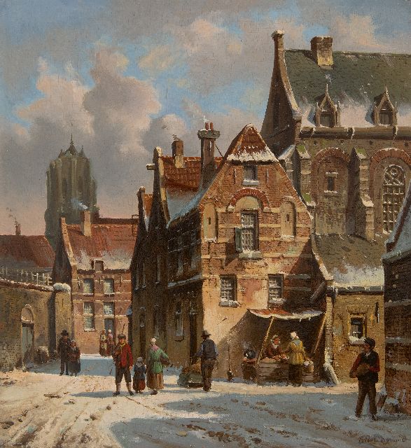 Elias Pieter van Bommel | Dutch cityscape in winter, oil on panel, 31.7 x 29.0 cm, signed l.r.