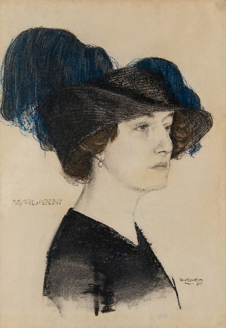 Hem P. van der | Marianne with fashionable hat, chalk on paper 54.0 x 39.3 cm, signed l.r. and dated 'Mei' 1912