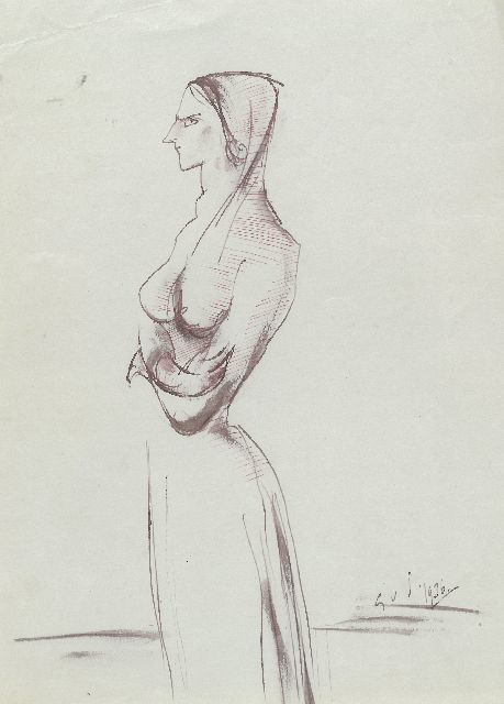 Gabriel van Schnell | Portrait of a standing lady with a headdress, ink on paper, 22.8 x 17.7 cm, signed with initials and dated 1936