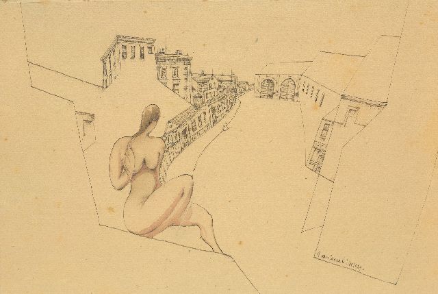 Schnell G. van | Study of a female nude in front of a city, ink and watercolour on paper on board 24.0 x 35.7 cm, signed l.r. and dated 'July 1929', without frame