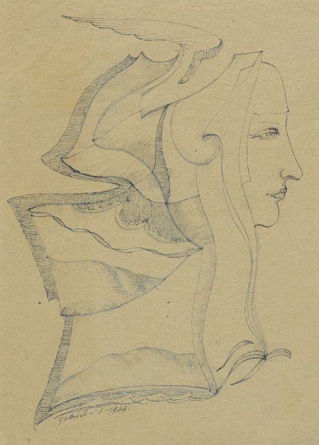 Gabriel van Schnell | Winged woman's head; verso flowers, pen, ink and watercolour on paper, 18.5 x 13.0 cm, signed signed Gabriel v S and dated 1946, without frame