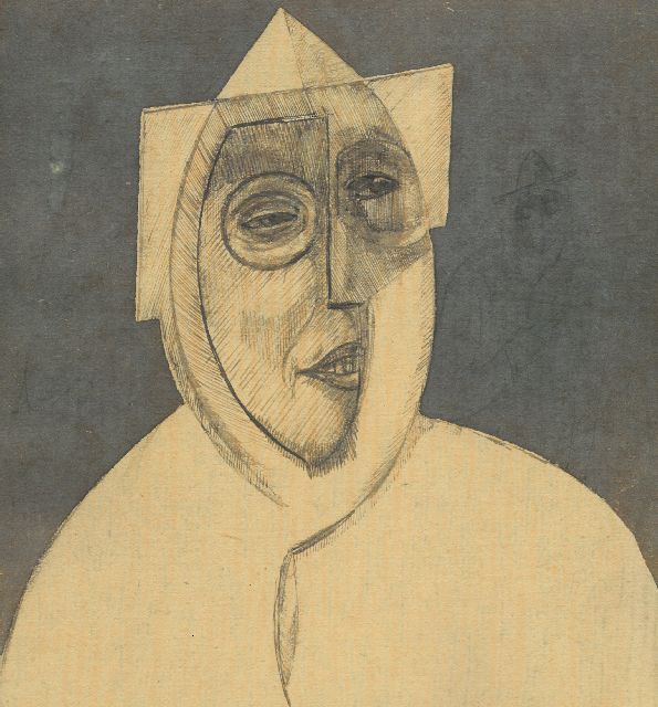 Gabriel van Schnell | Cubist portrait of a man with hat, ink and watercolour on paper, 19.3 x 17.6 cm, without frame