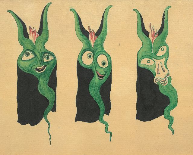 Gabriel van Schnell | Three Fantasy grotesques I, ink and watercolour on paper on board, 24.6 x 30.3 cm, without frame