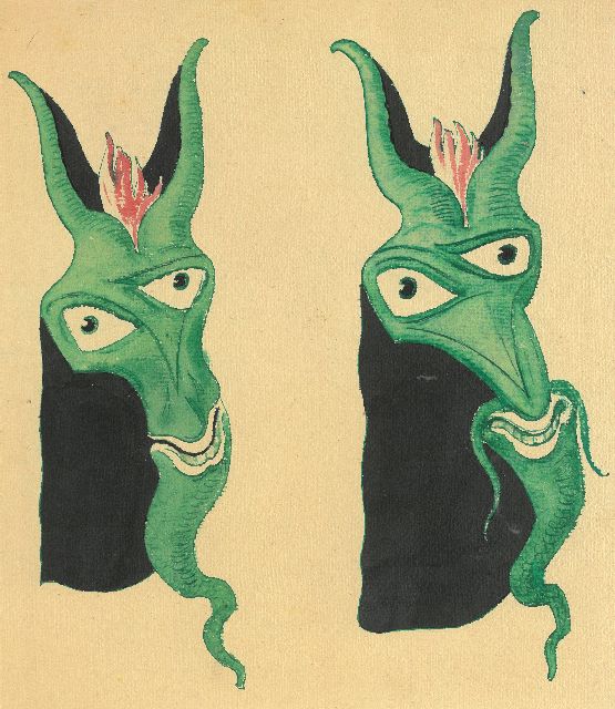 Gabriel van Schnell | Two fantasy grotesques I, ink and watercolour on cardboard, 25.7 x 22.1 cm, without frame