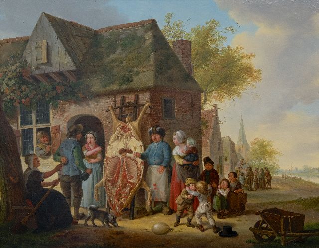 Cornelis van Cuylenburgh (II) | Village scene, after the slaughter of the pig, oil on panel, 49.7 x 64.0 cm, signed c.l. and dated 1797