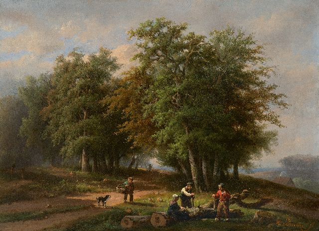 Adrianus Hendrikus de Bruïne | Lumberjacks and country folk on a forest path, oil on canvas, 35.8 x 47.9 cm, signed l.r. and without frame